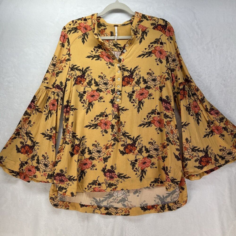 Free People Printed Floral Top Womens Medium Flare Sleeve Cottage Garden